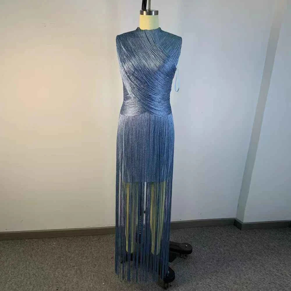VGH Vestido Noche Azul Cuello Alto Flecos Midi Fiesta Elegante
