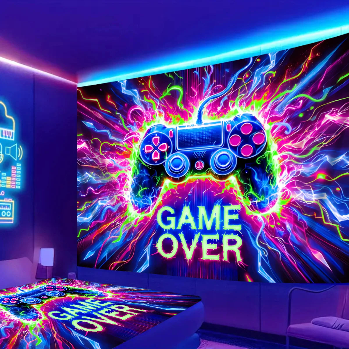 Tapiz Neón VIKAMA Videojuegos Cyberpunk Habitación Gaming