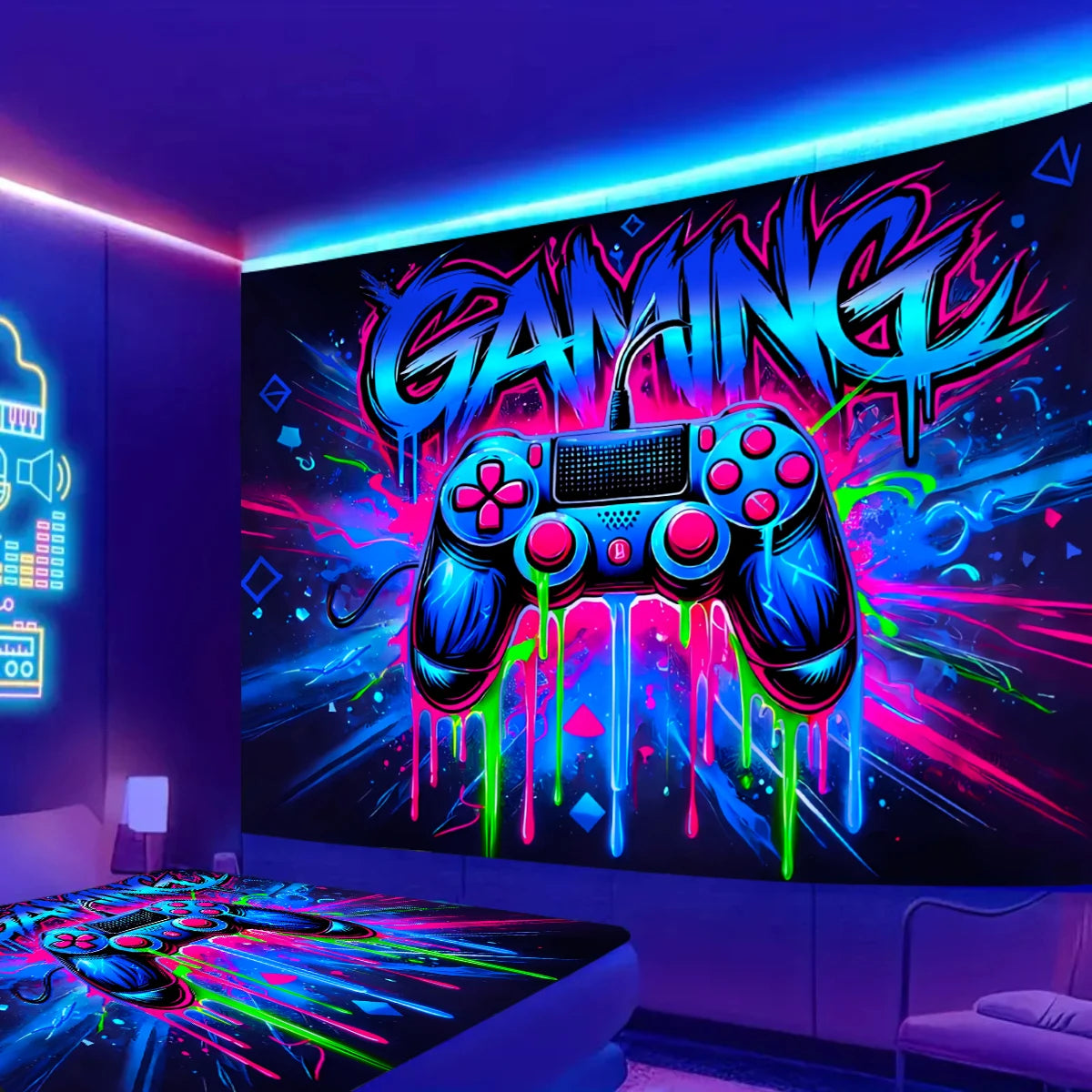 Tapiz Neón VIKAMA Videojuegos Cyberpunk Habitación Gaming