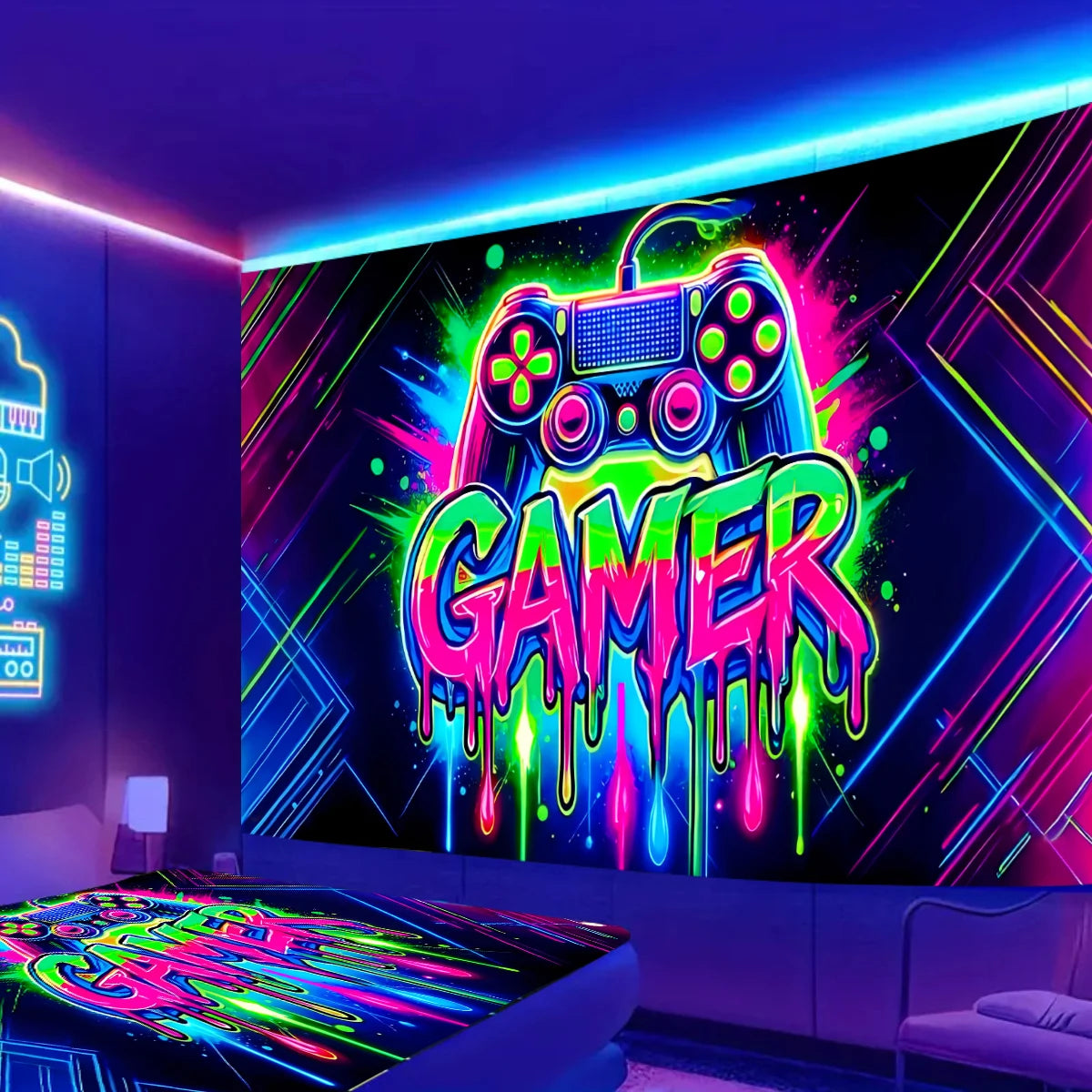 Tapiz Neón VIKAMA Videojuegos Cyberpunk Habitación Gaming